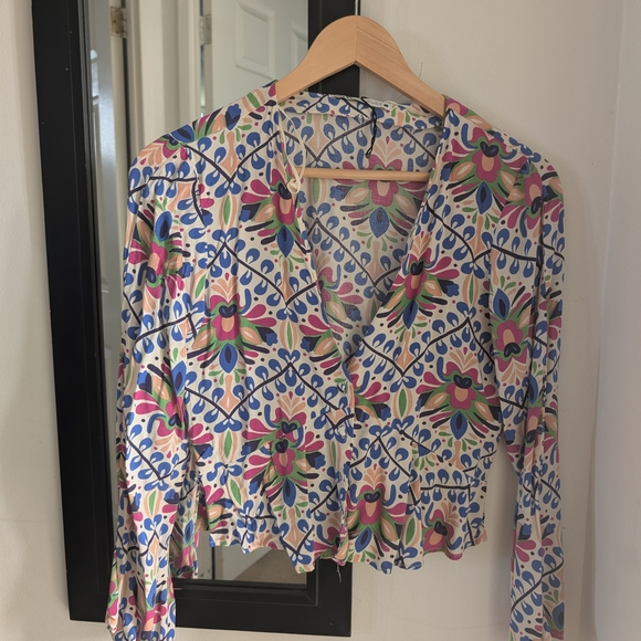 Zara Tops - Zara Cream Floral Wrap Blouse with Pink, Blue & Green Motif